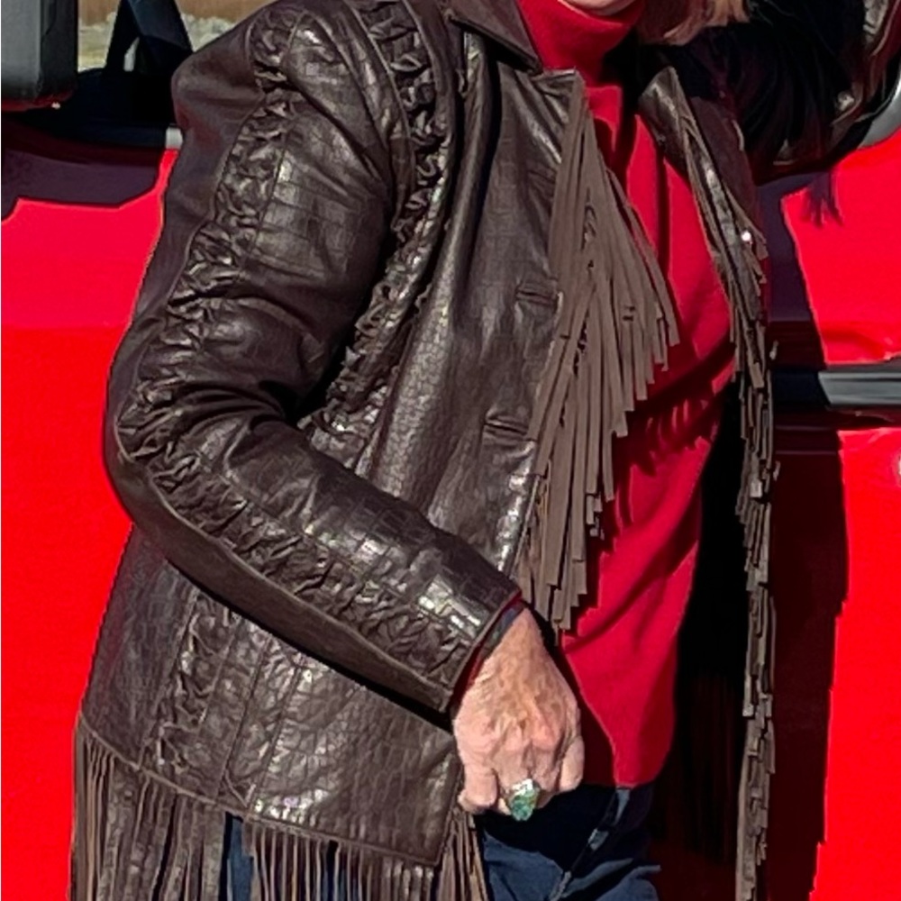Embossed Soft Leather Jacket with intricate woven details and fringe! Size L